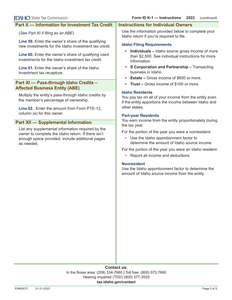 Form ID K-1 (EFO00201) Partners, Shareholders, or Beneficiarys Share of Idaho Adjustments, Credits, Etc. - Idaho, Page 9