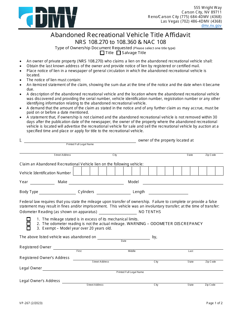 Form VP-267 Download Fillable PDF or Fill Online Abandoned Recreational ...