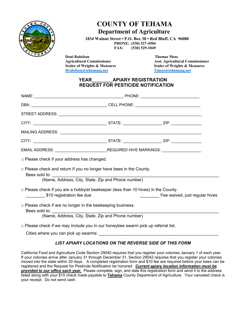 County of Tehama, California Apiary Registration Request for Pesticide