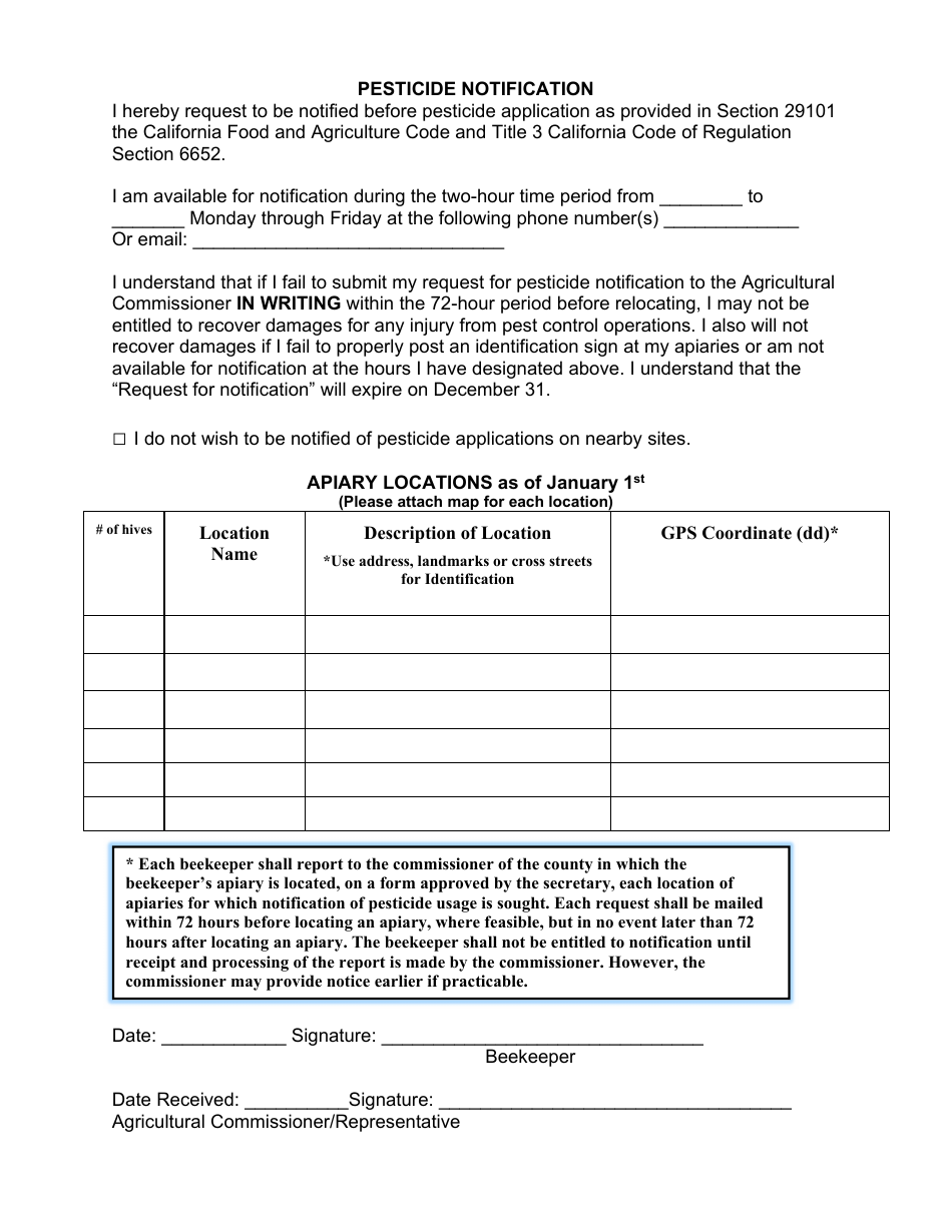 Apiary Registration Request for Pesticide Notification - County of Tehama, California, Page 2