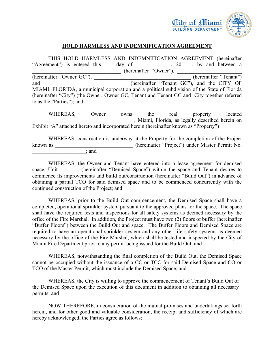Hold Harmless and Indemnification Agreement - City of Miami, Florida, Page 1
