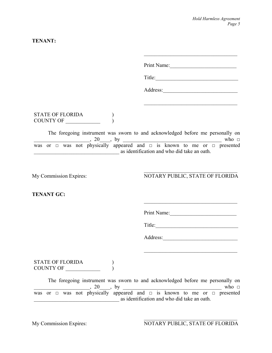 Hold Harmless and Indemnification Agreement - City of Miami, Florida, Page 5