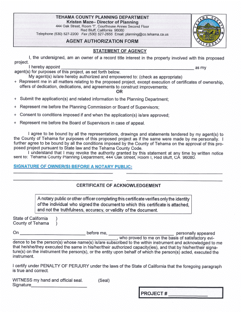 Agent Authorization Form - Tehama County, California Download Pdf