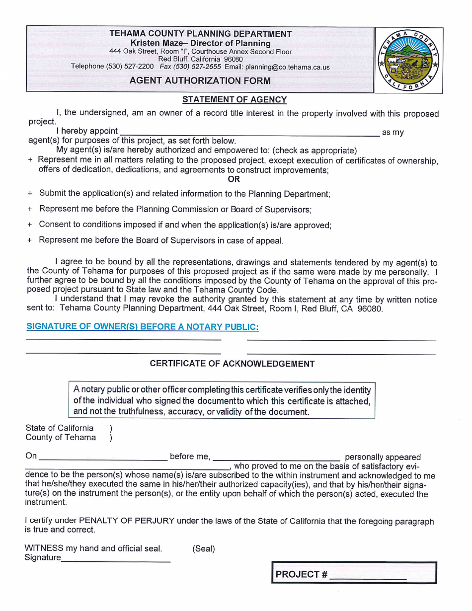 Agent Authorization Form - Tehama County, California, Page 1