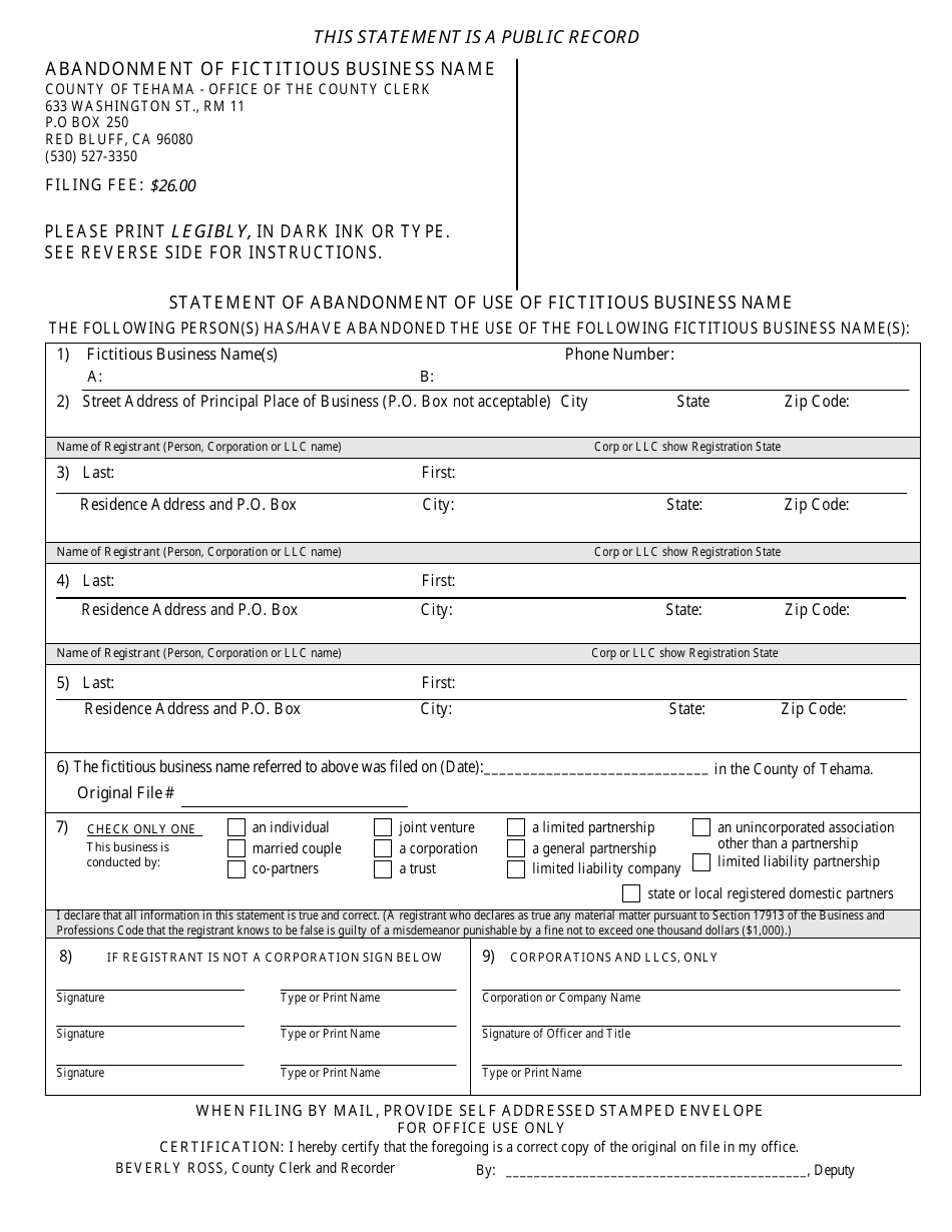 County of Tehama, California Statement of Abandonment of Use of ...