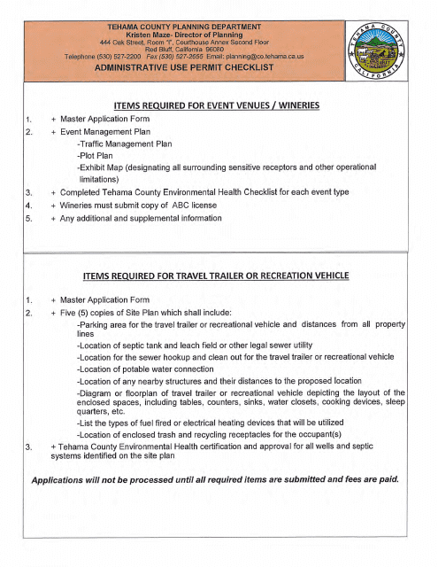 Administrative Use Permit Checklist - Tehama County, California Download Pdf