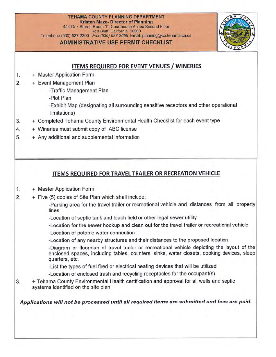 Administrative Use Permit Checklist - Tehama County, California, Page 1