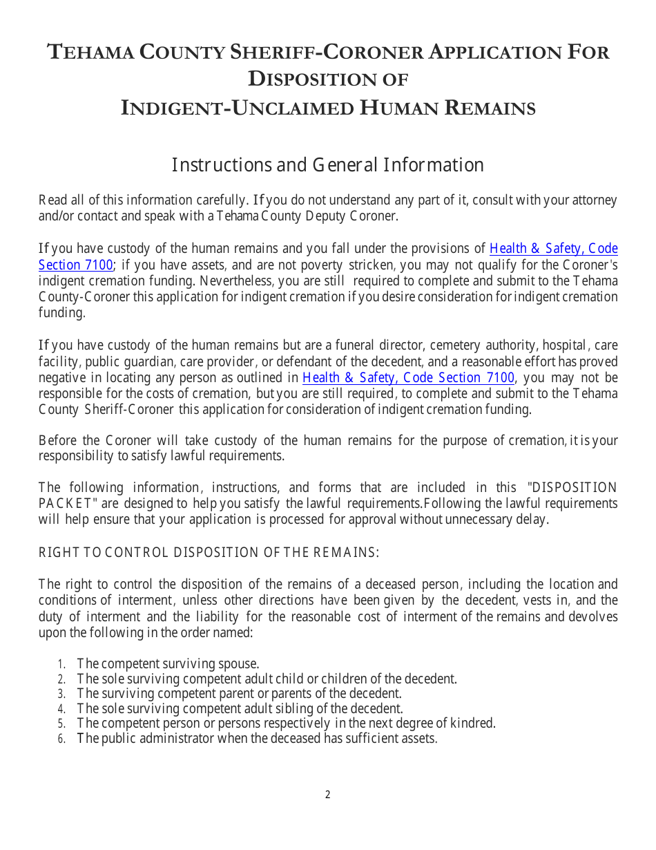 Application for Indigent Cremation - Tehama County, California, Page 2