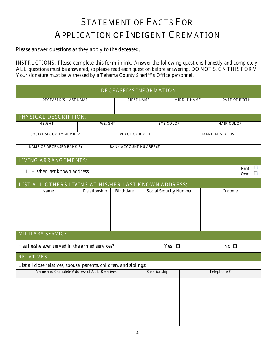 Application for Indigent Cremation - Tehama County, California, Page 4