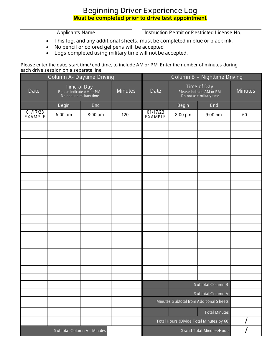 Form DLD130 Beginning Driver Experience Log Additional Time Sheets - Nevada, Page 1