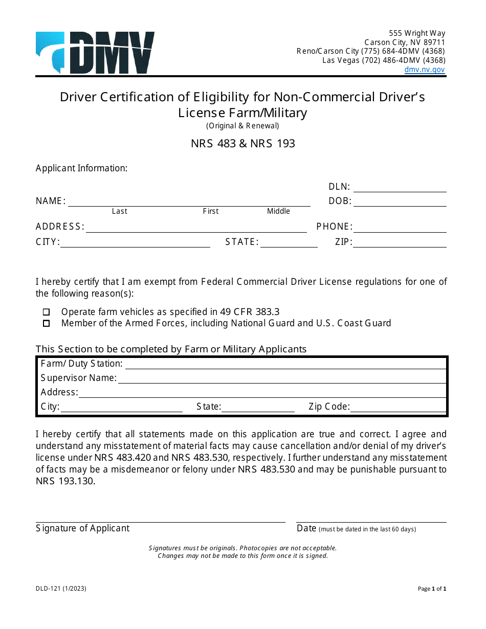 Form DLD-121 Driver Certification of Eligibility for Non-commercial Drivers License - Farm / Military - Nevada, Page 1