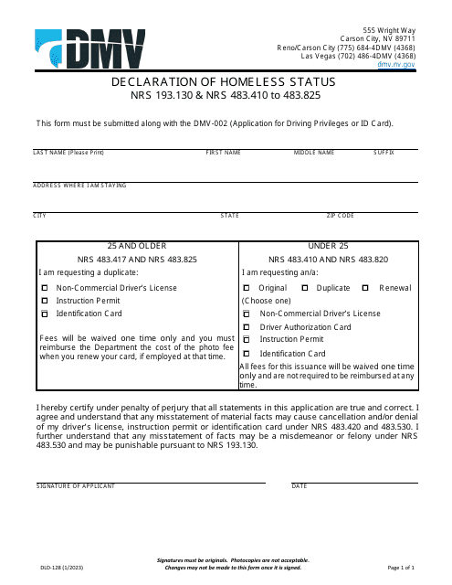 Form DLD-128 Declaration of Homeless Status - Nevada