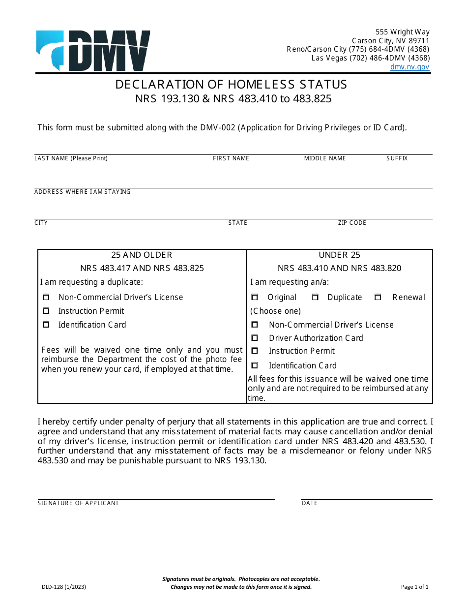 Form DLD-128 Declaration of Homeless Status - Nevada, Page 1