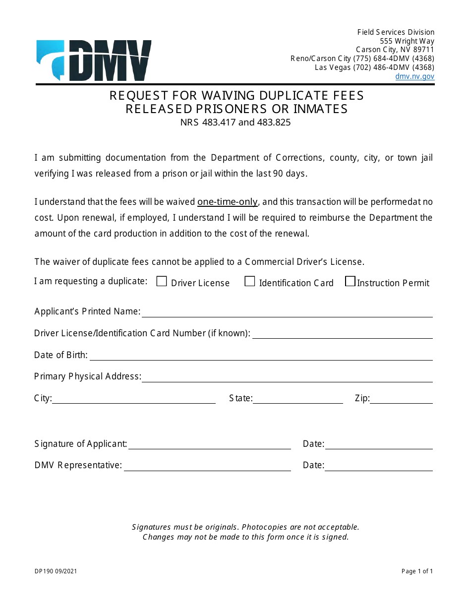 Form DP190 Request for Waiving Duplicate Fees Released Prisoners or Inmates - Nevada, Page 1