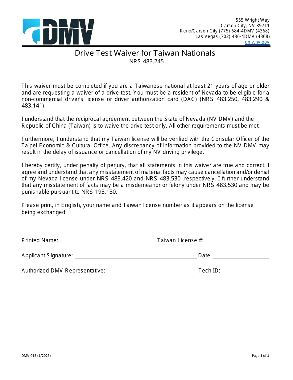 Form DMV-015 Drive Test Waiver for Taiwan Nationals - Nevada, Page 1