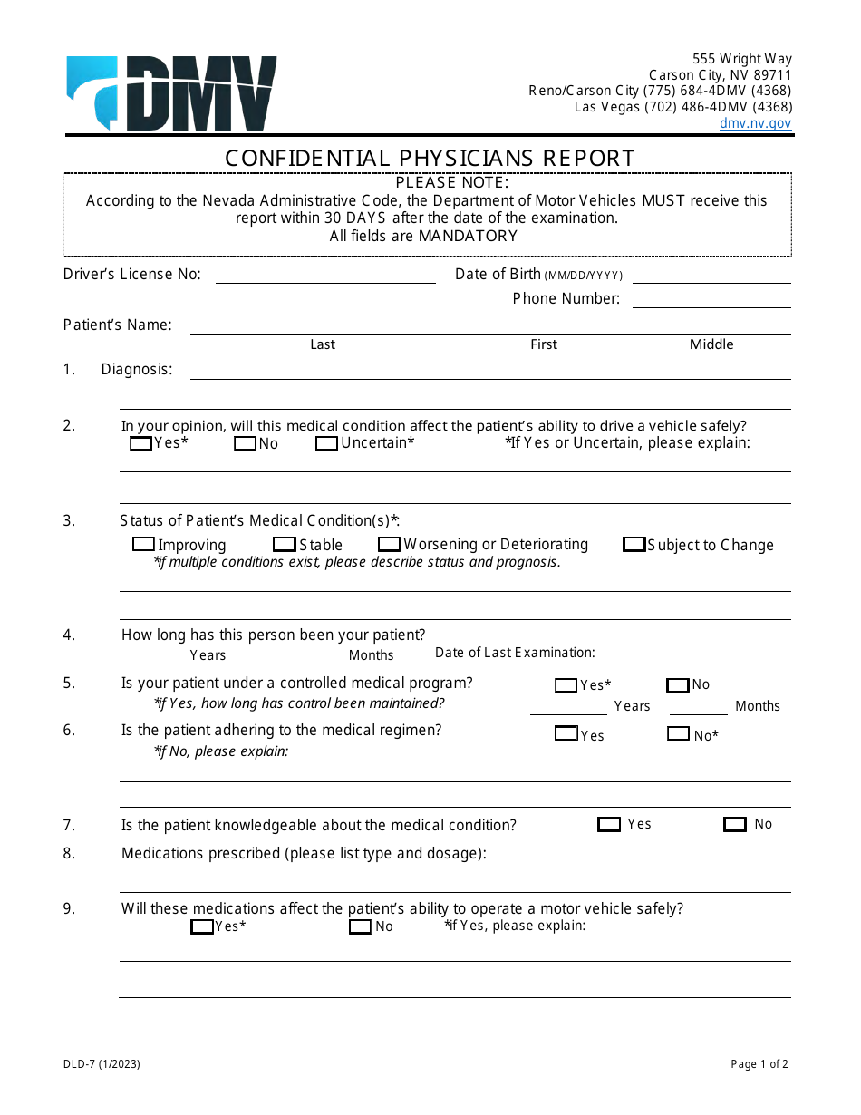 Form DLD-7 Confidential Physicians Report - Nevada, Page 1