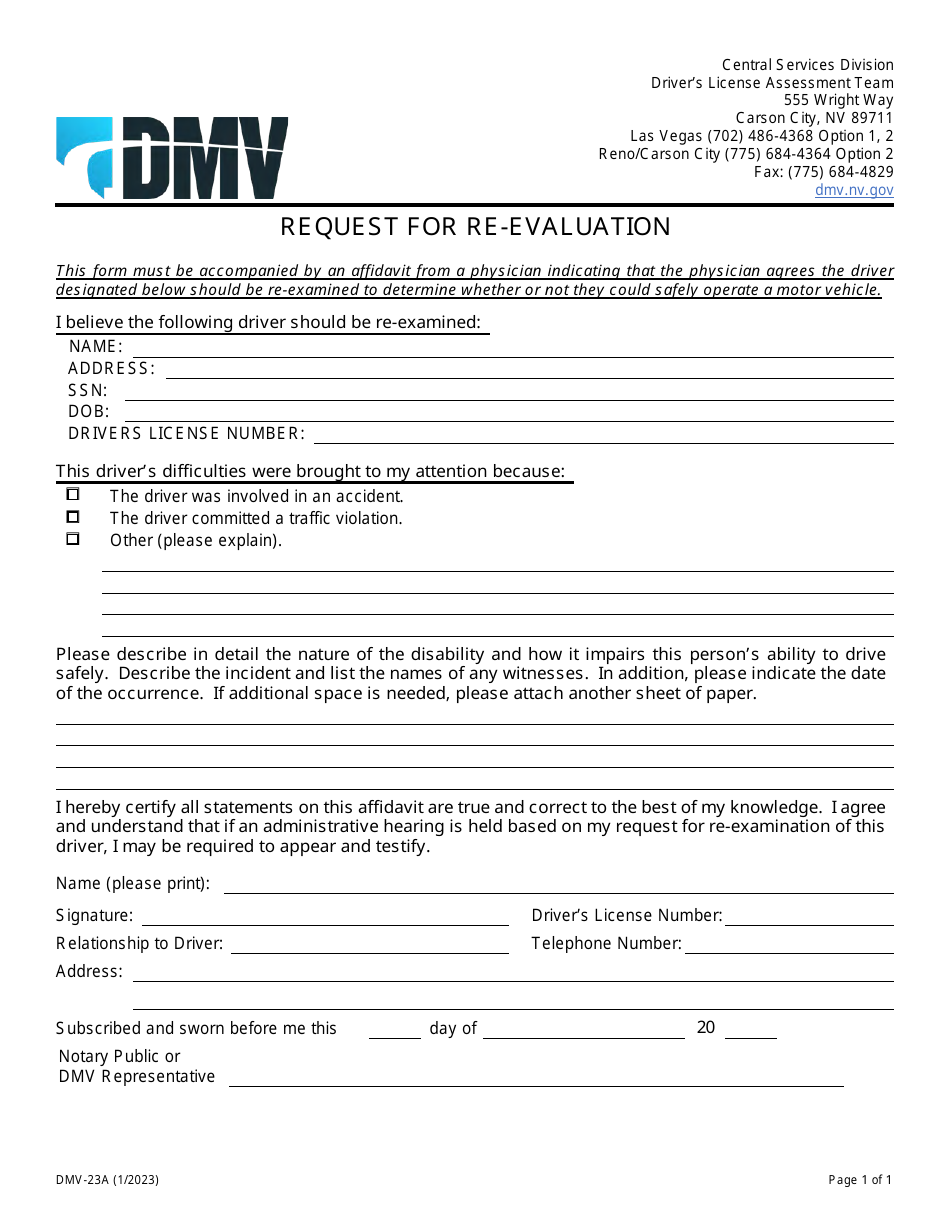 Form DMV-23A Request for Re-evaluation - Nevada, Page 1