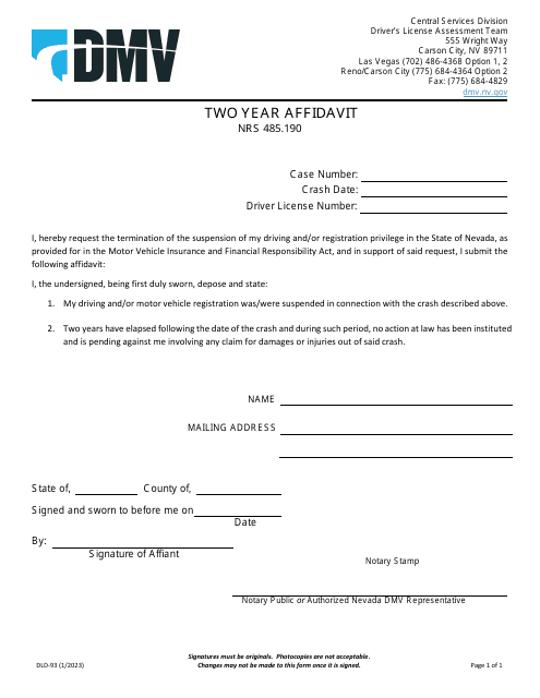 Form DLD-93 Two Year Affidavit - Nevada