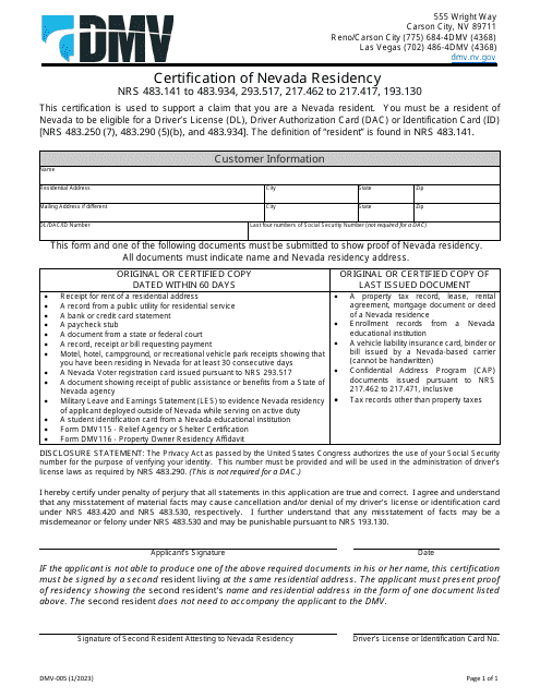 Form DMV-005 Certification of Nevada Residency - Nevada