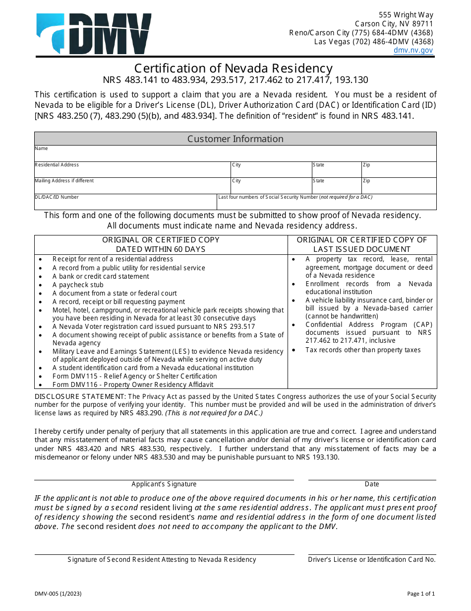 Form DMV-005 Download Fillable PDF Or Fill Online Certification Of ...