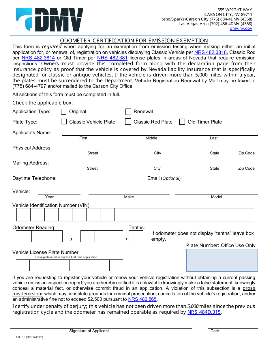 Form EC-018 Odometer Certification for Emission Exemption - Nevada, Page 1