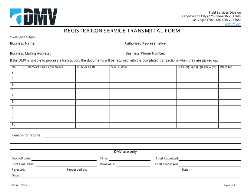 Form VP193 Registration Service Transmittal Form - Nevada