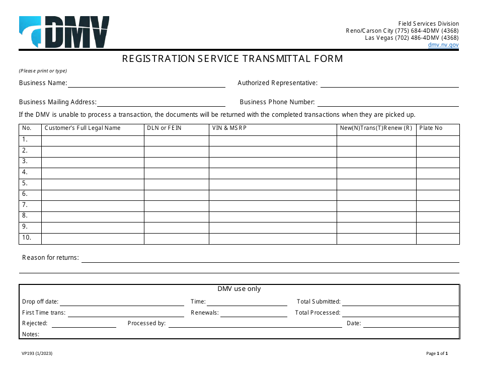 Form VP193 Registration Service Transmittal Form - Nevada, Page 1