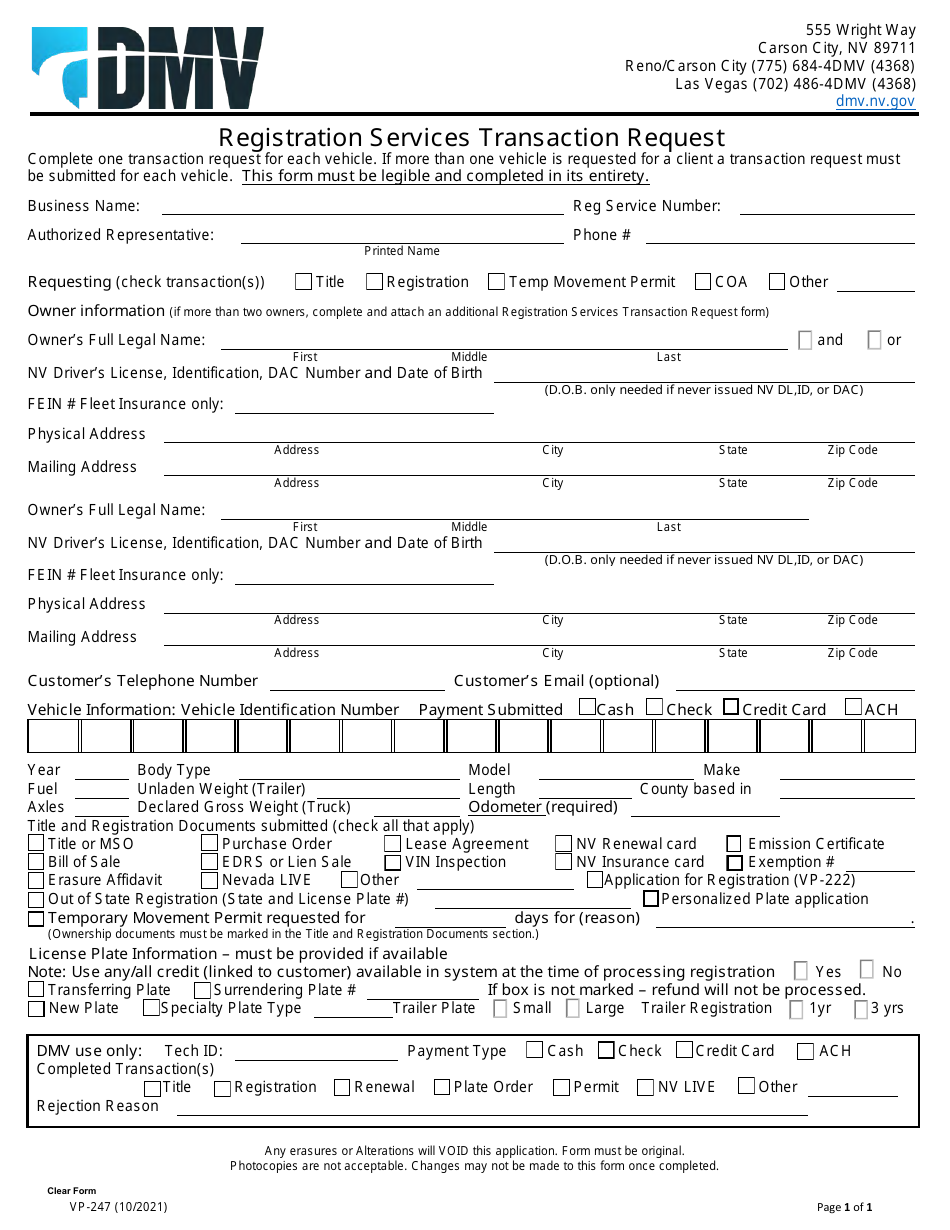 Form VP-247 Registration Services Transaction Request - Nevada, Page 1