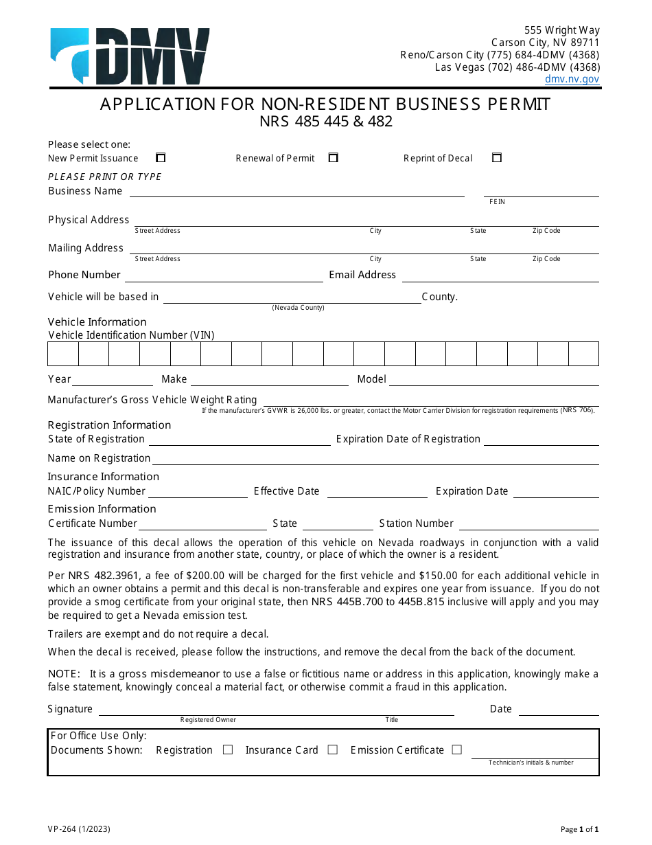 Form VP-264 Application for Non-resident Business Permit - Nevada, Page 1