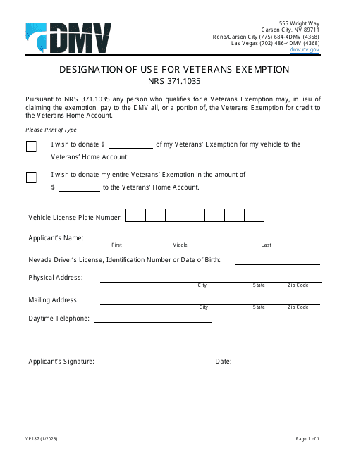 Form VP187 Designation of Use for Veterans Exemption - Nevada