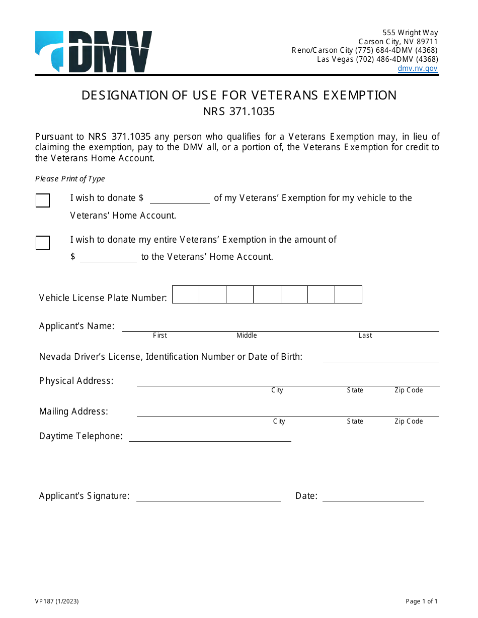 Form VP187 Designation of Use for Veterans Exemption - Nevada, Page 1