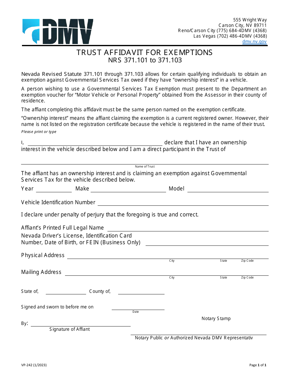 Form Vp 242 Download Fillable Pdf Or Fill Online Trust Affidavit For Exemptions Nevada 1029