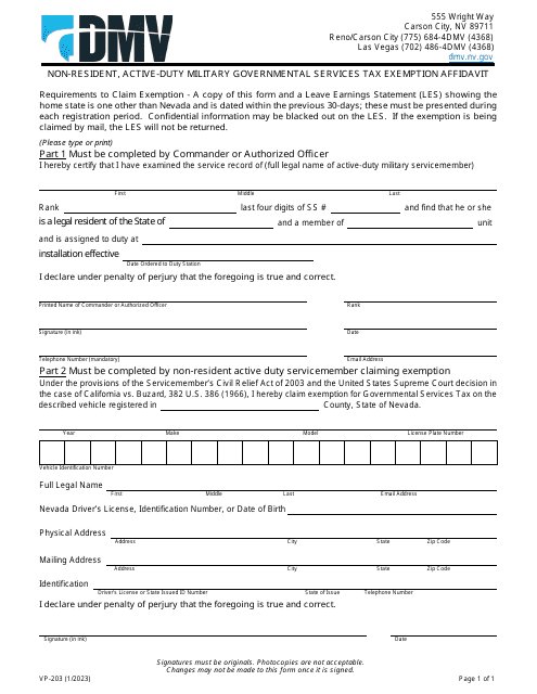 Form VP-203 Non-resident, Active-Duty Military Governmental Services Tax Exemption Affidavit - Nevada