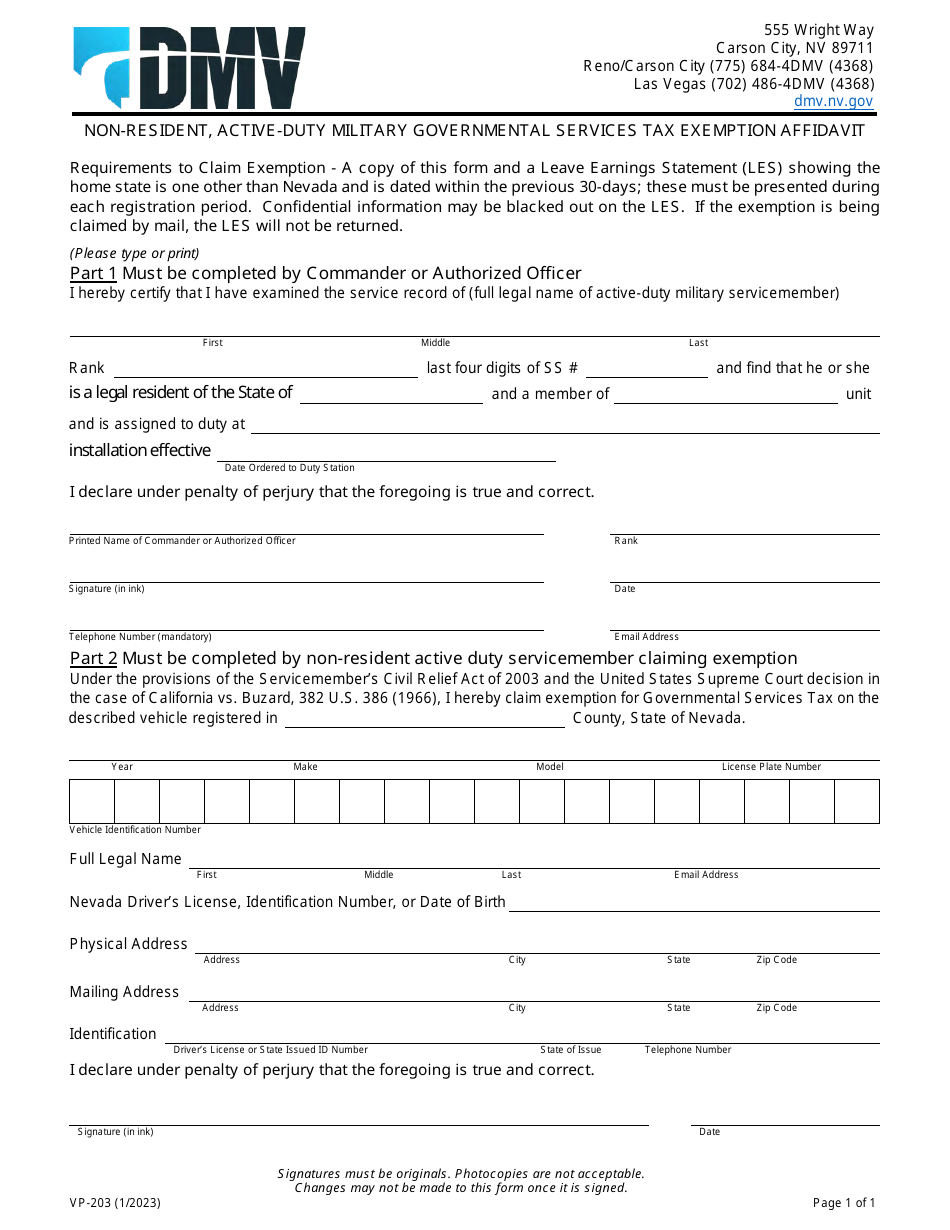 Form VP-203 Non-resident, Active-Duty Military Governmental Services Tax Exemption Affidavit - Nevada, Page 1