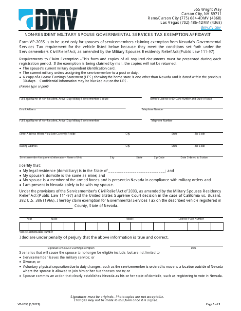 Form VP-203S Non-resident Military Spouse Governmental Services Tax Exemption Affidavit - Nevada