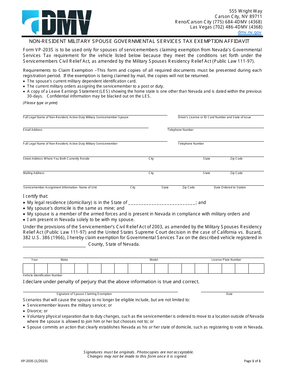 Form VP-203S Non-resident Military Spouse Governmental Services Tax Exemption Affidavit - Nevada, Page 1