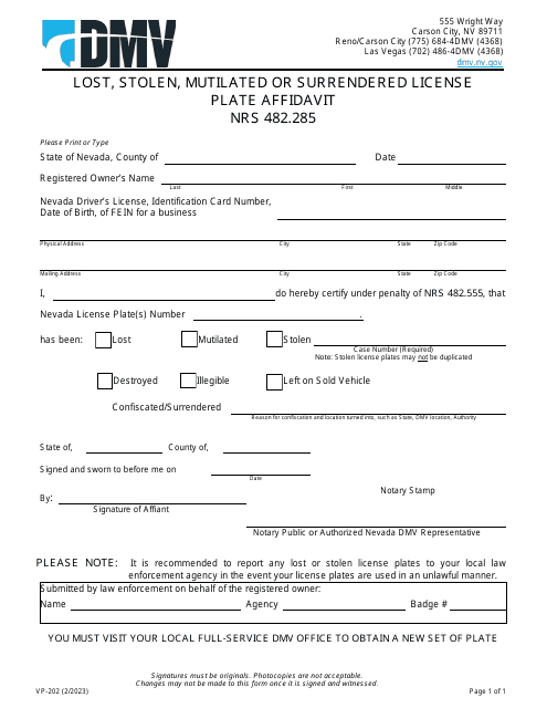 Form VP-202 Lost, Stolen, Mutilated or Surrendered License Plate Affidavit - Nevada