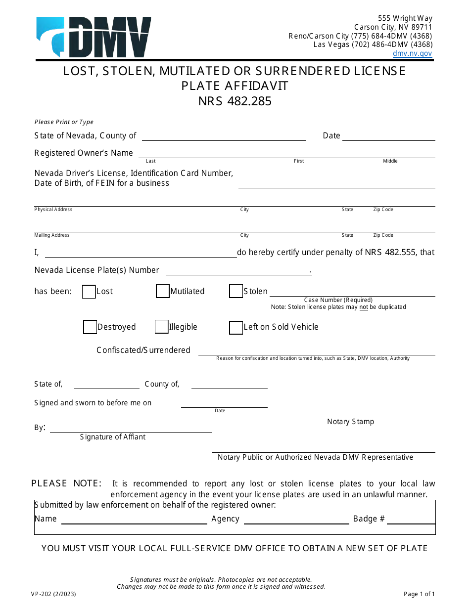 Form VP-202 Lost, Stolen, Mutilated or Surrendered License Plate Affidavit - Nevada, Page 1