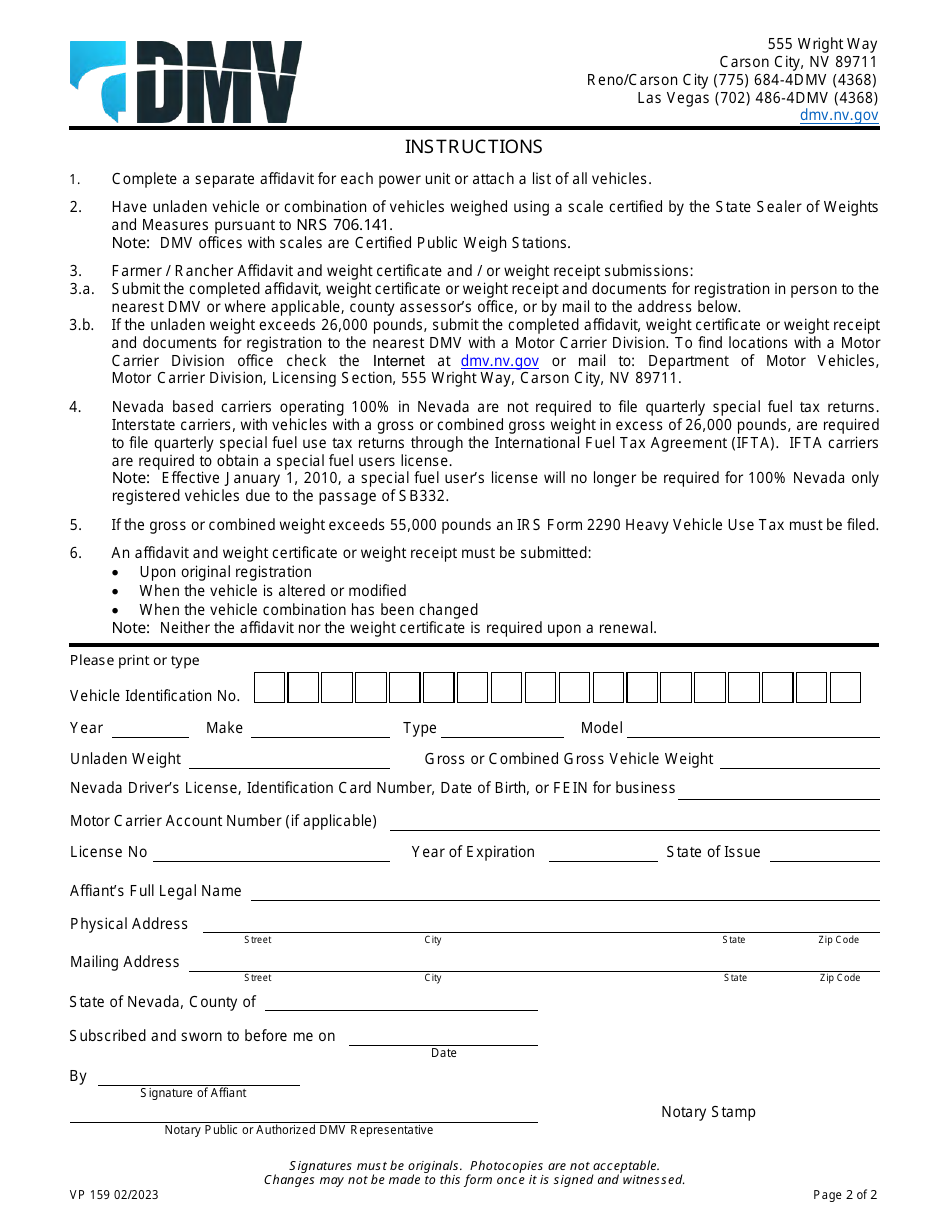 Form VP159 Farmer / Rancher Affidavit - Nevada, Page 2