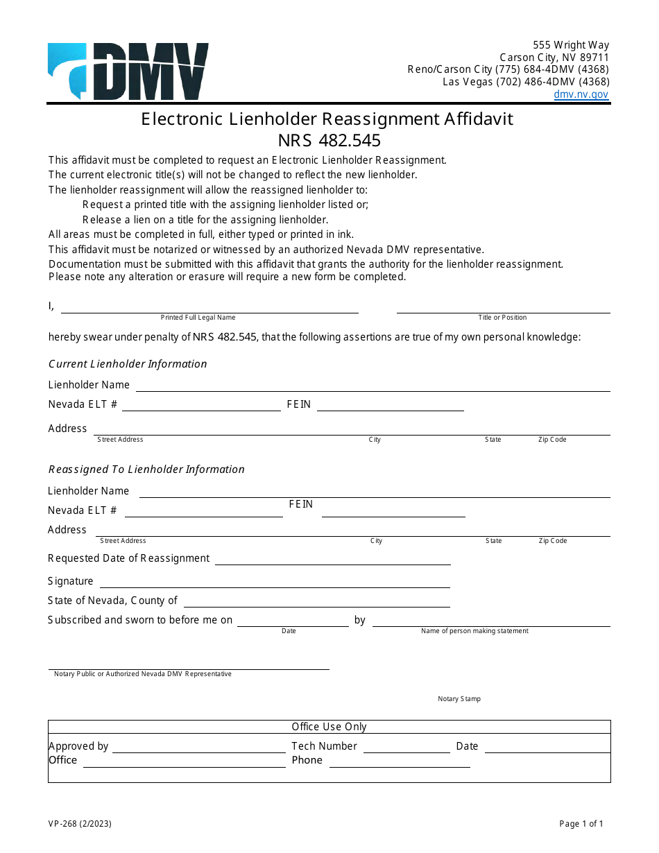 Form VP-268 Electronic Lienholder Reassignment Affidavit - Nevada, Page 1