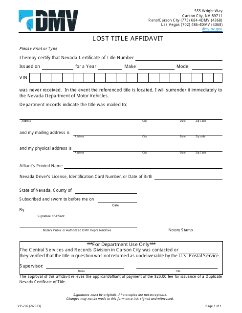 Form VP-206 Lost Title Affidavit - Nevada