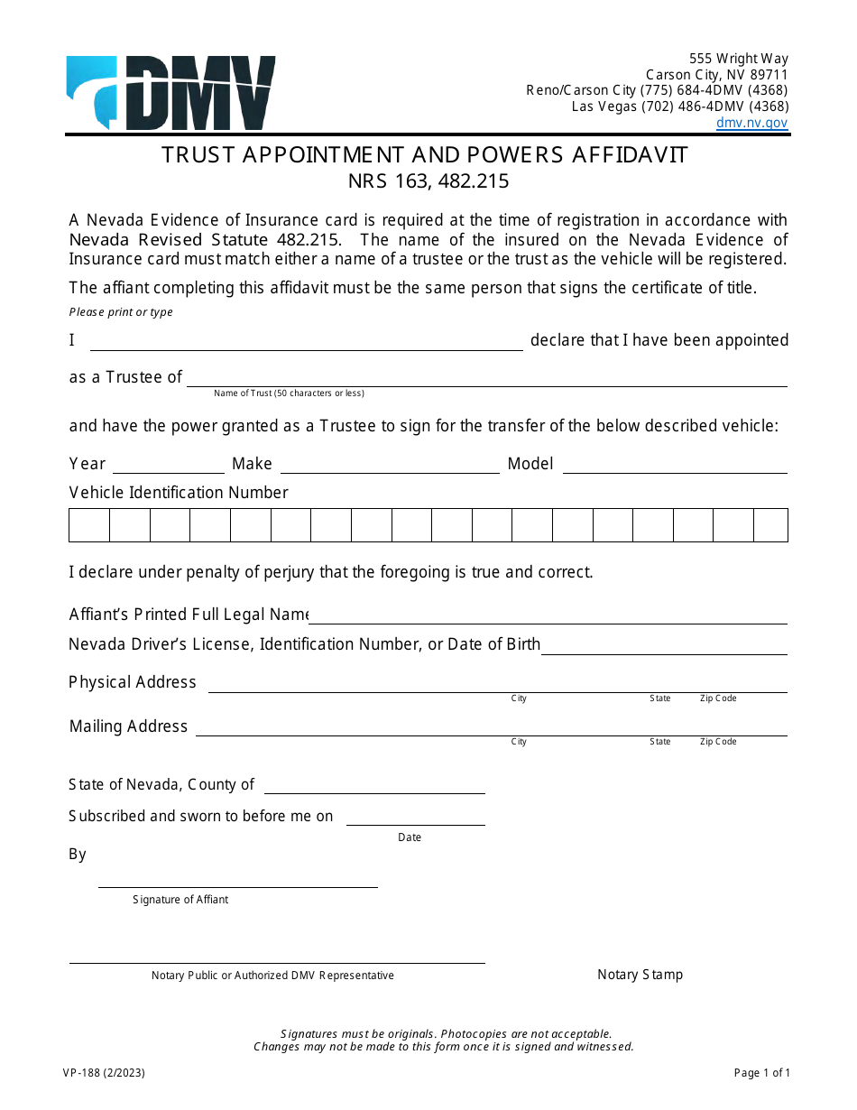 Form VP-188 Trust Appointment and Powers Affidavit - Nevada, Page 1