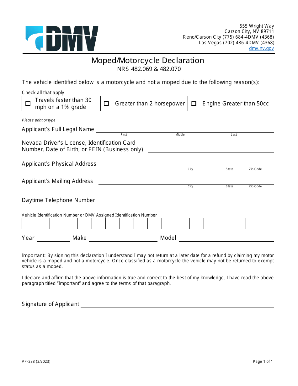 Form VP-238 Moped / Motorcycle Declaration - Nevada, Page 1