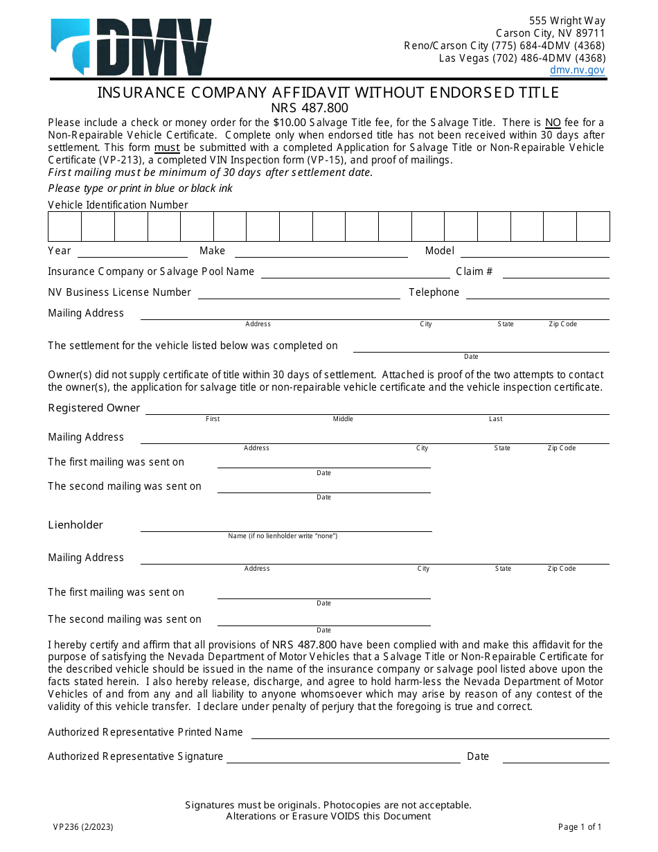Form VP236 Insurance Company Affidavit Without Endorsed Title - Nevada, Page 1