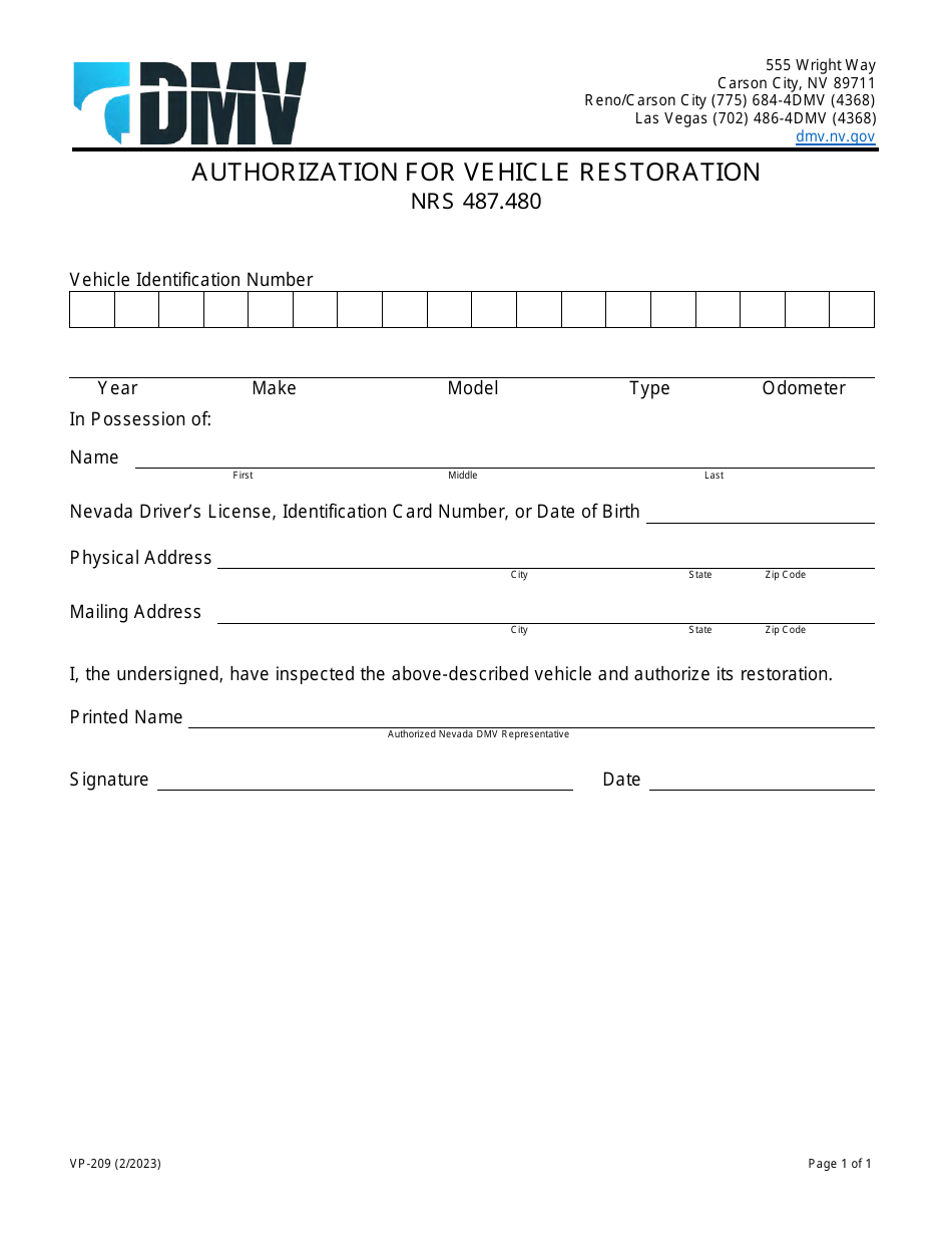 Form VP-209 Authorization for Vehicle Restoration - Nevada, Page 1