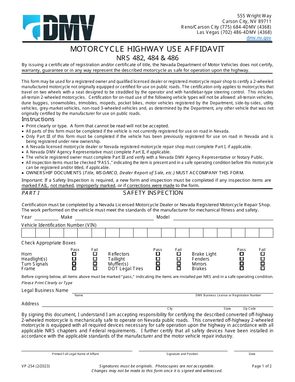 Form VP-254 Motorcycle Highway Use Affidavit - Nevada, Page 1