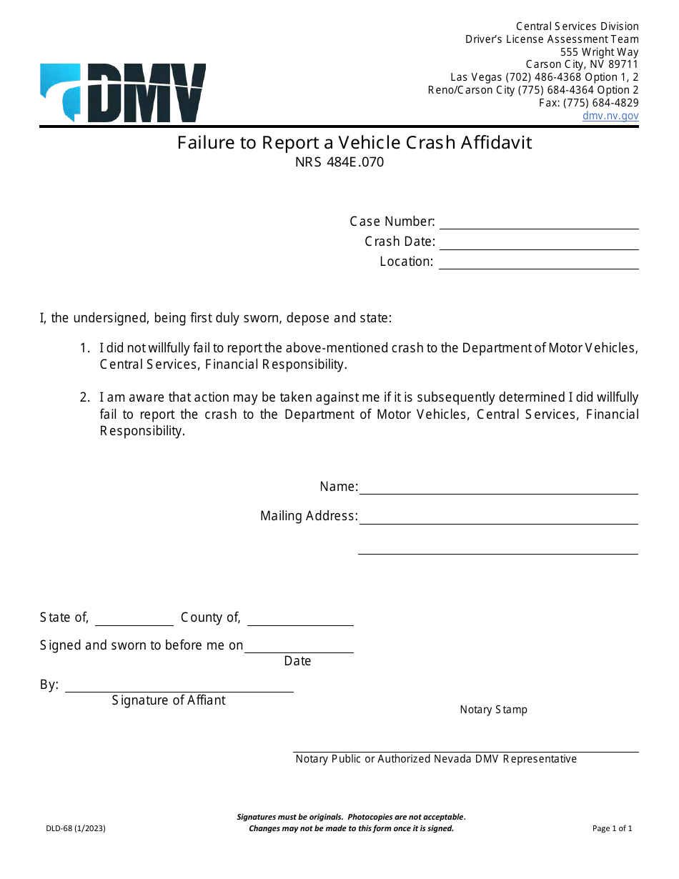 Form DLD-68 Failure to Report a Vehicle Crash Affidavit - Nevada, Page 1