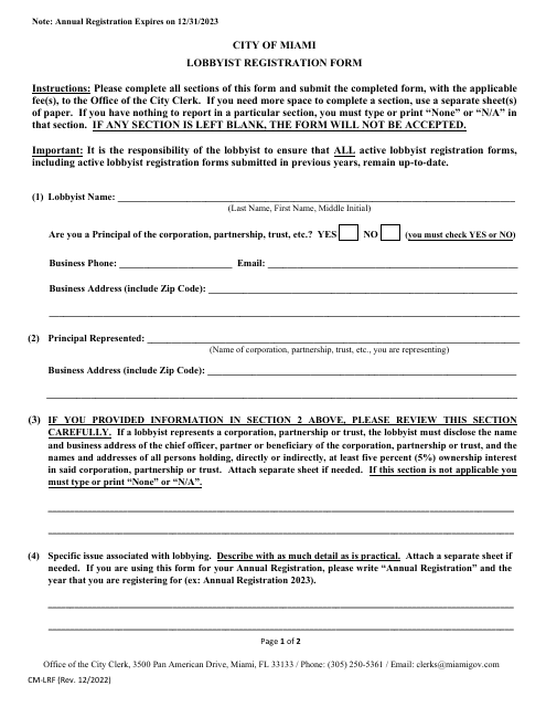 Form CM-LRF Lobbyist Registration Form - City of Miami, Florida, 2023