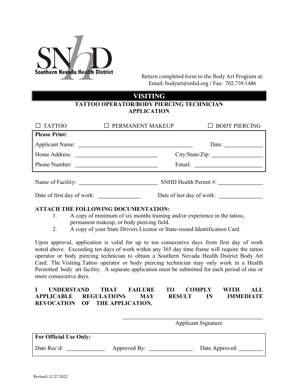Visiting Tattoo Operator / Body Piercing Technician Application - Nevada, Page 1