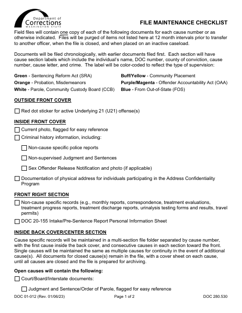 Form DOC01-012 File Maintenance Checklist - Washington